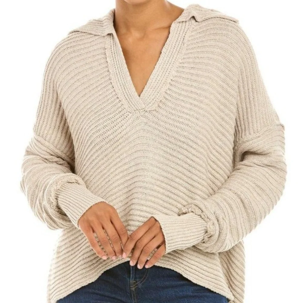 Free People Marlie Pullover Oversized Cropped Women's Beige Knit Sweater XS - Picture 2 of 11